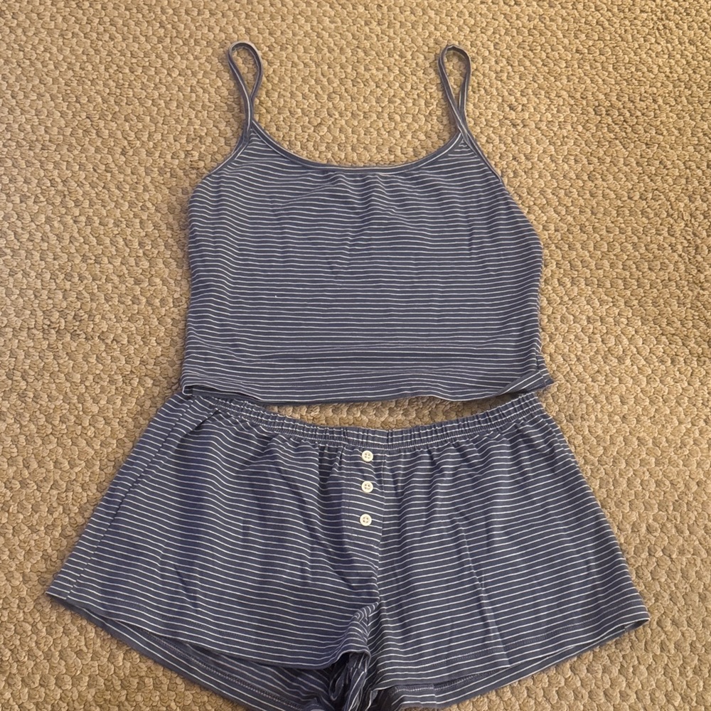 Brandy Melville Navy & White Striped Tank Top and Shorts Sleep Set